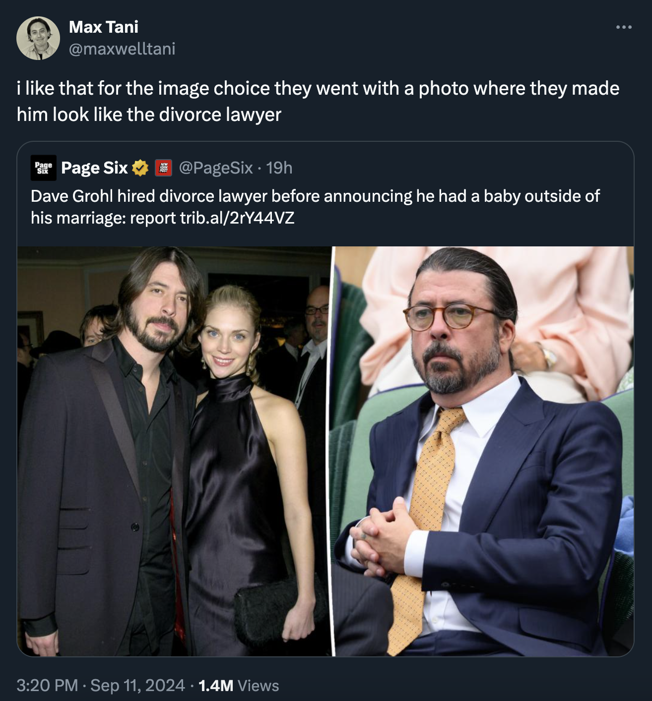 dave grohl ponytail - Max Tani i that for the image choice they went with a photo where they made him look the divorce lawyer Page Six Dave Grohl hired divorce lawyer before announcing he had a baby outside of his marriage report trib.al2rY44VZ 1.4M Views